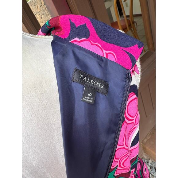 Talbots Pink Navy Floral Tie Waist Sleeveless Foldover Neckline Sheat Dress - 10 - Picture 8 of 9